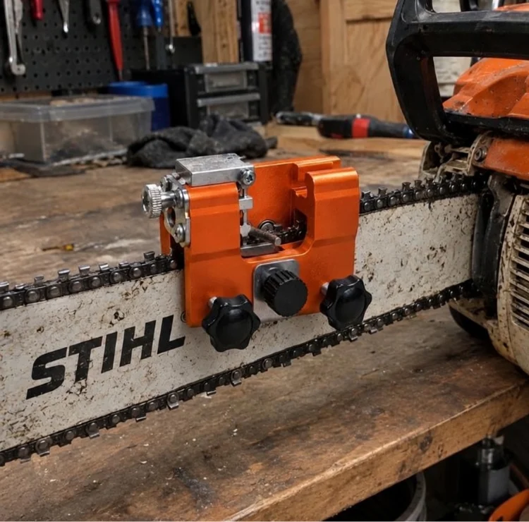TimberSharp clamped on a STIHL chainsaw bar