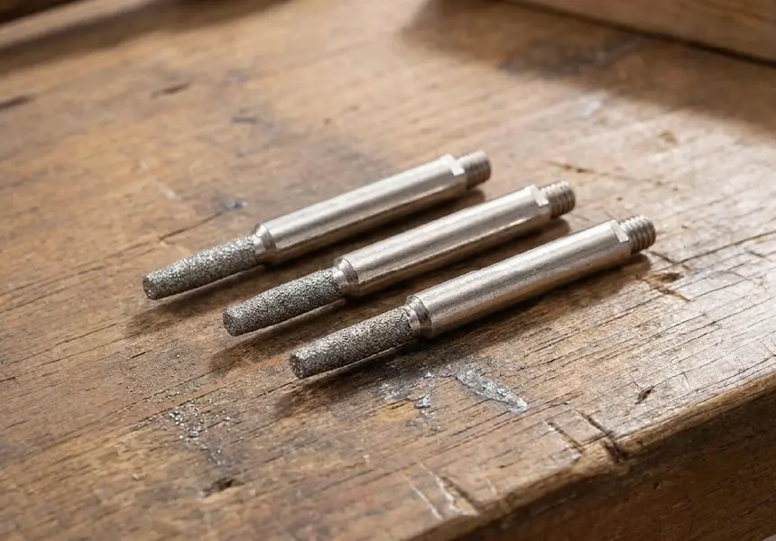 Three TimberSharp replacement grinding rods on a wooden workbench